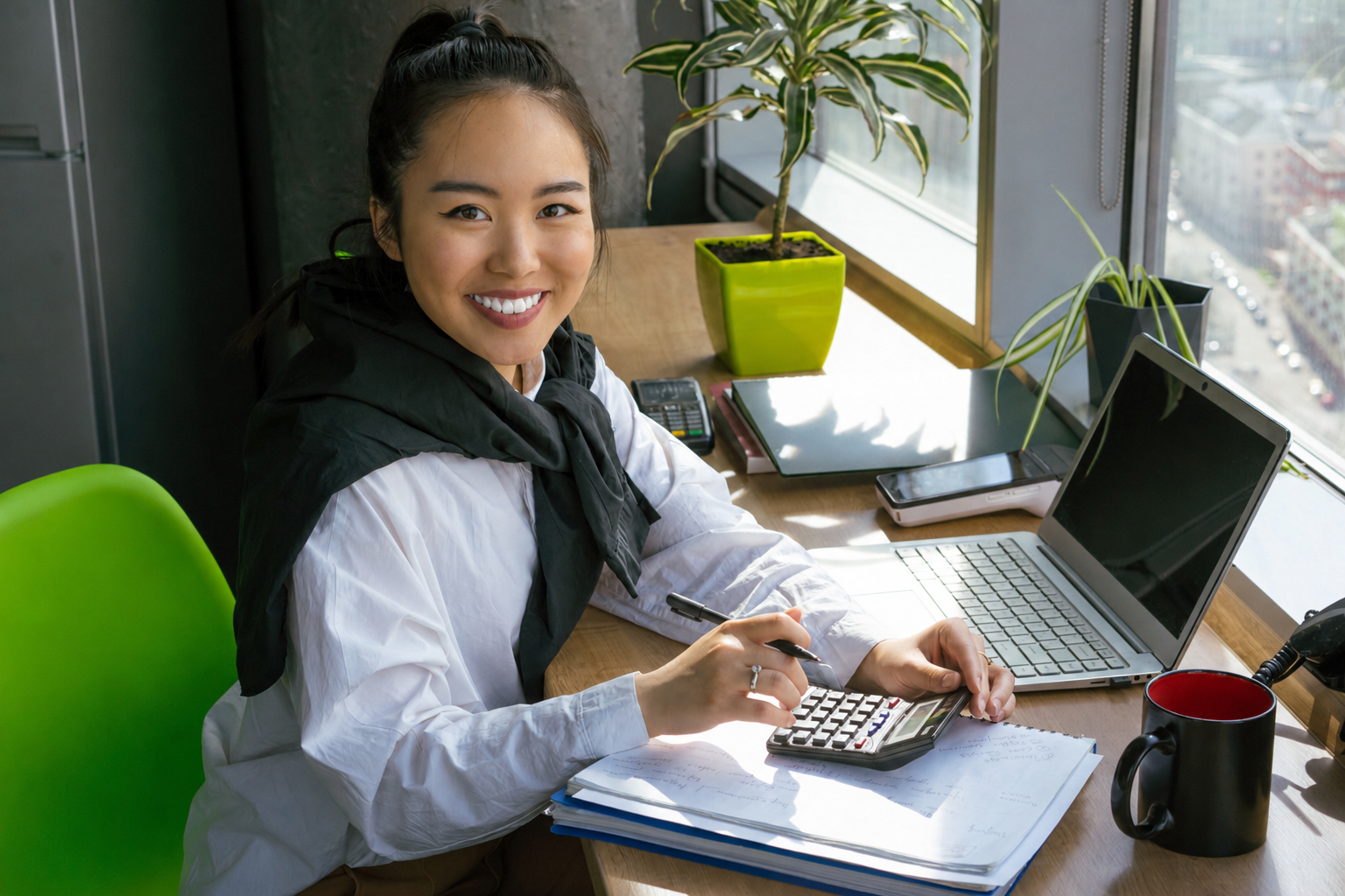 Bookkeeper working at a desk with a calculator and notebook